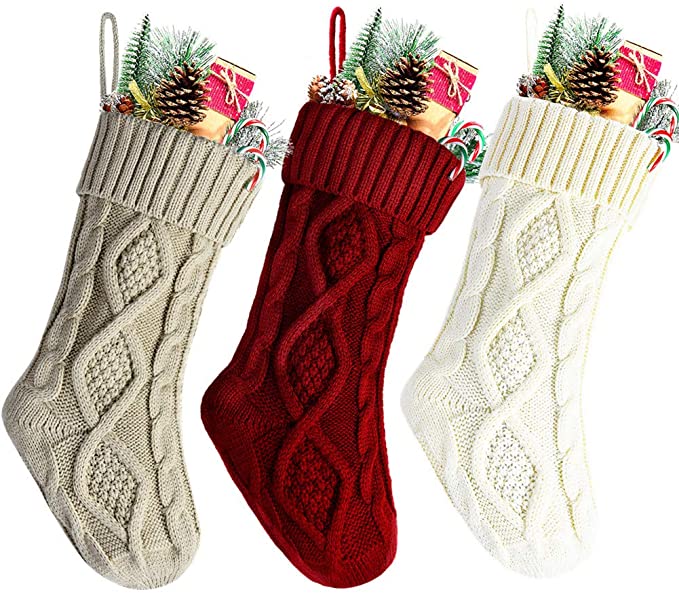 Kunyida 14 Inches Burgundy, Ivory, Khaki Knitted Christmas Stockings,3 Pack
