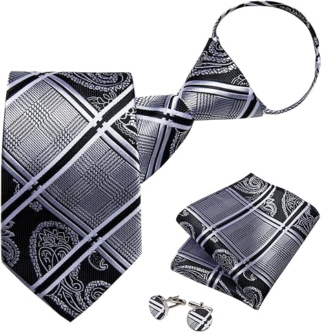 DiBanGu Silk Zipper Ties for Men,Woven Paisley/Solid/Plaid Pretied Tie and Pocket Square Cufflinks Set Adjustable