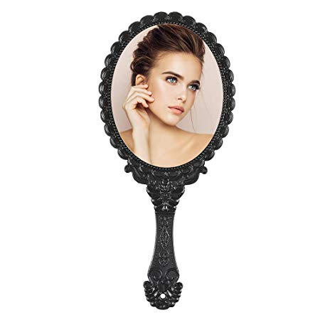Tinland Handheld Mirror with Handle Vintage Compact for Personal Makeup Vanity Travel Skin Dental Care Salon 9.8x4.5in(Black)