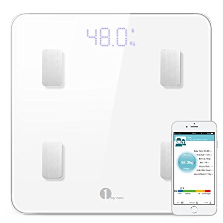 1byone Digital Smart Wireless Body Fat Scale with IOS and Android App to Manage Body weight, Body Fat, Water, Muscle Mass, BMI, BMR, Bone Mass and Visceral Fat, White