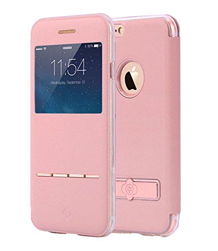 TOTU Touch Series Folio Flip PU Leather Smart View Window Case Cover with Kickstand and [Metal Sensor] for Apple iPhone 6 Plus / iPhone 6S Plus 5.5 inch (Rose gold)