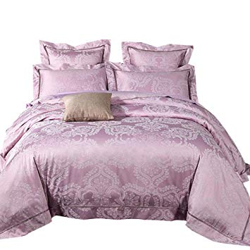 MKXI Luxury Duvet Cover King Sateen Bedding Set Silky Feeling Paisley Quilt Cover and Shams Damask Medallion, Pinkish-Purple