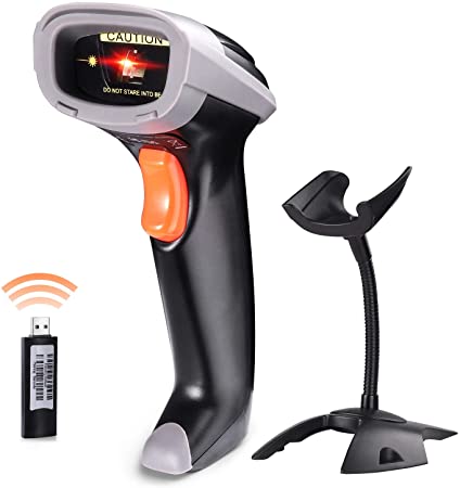 Wireless Barcode Scanner, 1D Barcode Reader with 328 Feet Transmission Distance, Trigger/Auto Continuous Scanning, No Driver Needed for PC/Laptop Using, 2.4G USB and Data Cable Included - MSC01