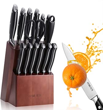 Knife Set with Block, Homever Kitchen Knife Sets 15 Piece with Sharpener, Chef Knife Set with Pakka Wood Handle and Kitchen Scissor, Full-Tang Design