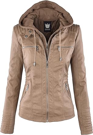 Lock and Love Women's Removable Hooded Faux Leather Jacket Moto Biker Coat