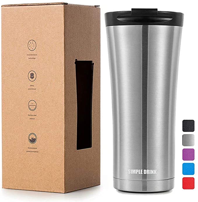 SIMPLE DRINK Insulated Coffee Travel Mug 16 oz | Sturdy Stainless Steel Tumbler Cup with Spill-Proof Lid - Works Great for Ice Drink, Hot Beverage