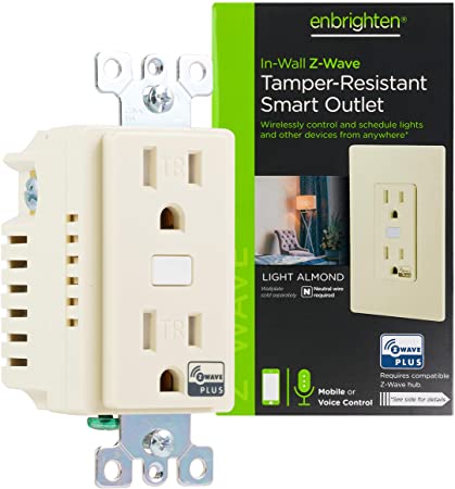 Enbrighten, Light Almond, Plus Smart Receptacle, Works with Alexa, Google Assistant, Tamper-Resistant, 1 Z-Wave   1 Always On Outlet, ZWave Hub Required, 14297