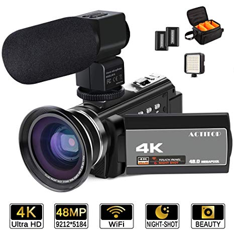 4K Camcorder,ACTITOP Video Camera 48MP UHD WiFi Digital Camcorder 16X Digital Zoom IR Night Vision 3 inch IPS Touch Screen Video Camcorder with Microphone,Wide Angle Lens,LED Light and Travel Bag