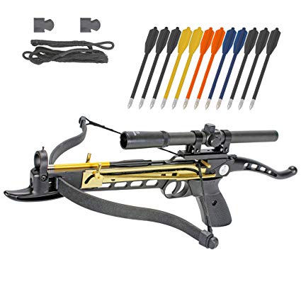 Crossbow Self-Cocking 80 LBS by KingsArchery® with Hunting Scope, Spare Crossbow String and Caps, 3 Aluminium Arrow Bolts, and Bonus 12-pack of Colored PVC Arrow Bolts   KingsArchery® Warranty