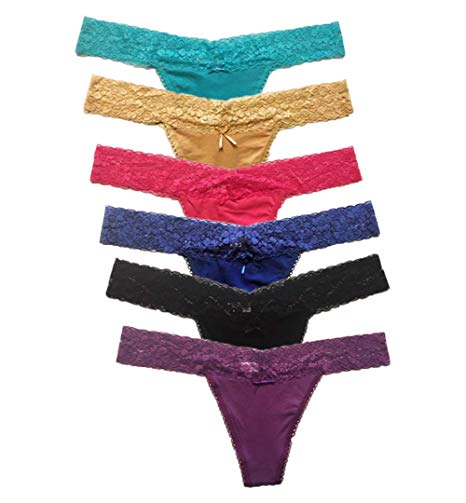 Nabtos Cotton Thong Lace Trim for Womens G String Underwear Black Multi Color Panties Pack of 6