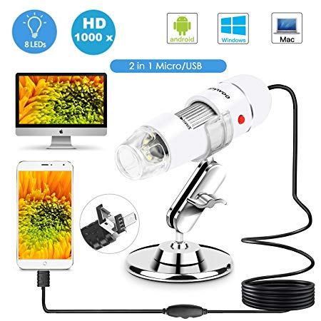 USB Microscope 8 LED USB 2.0 Digital Microscope, 40 to 1000x Magnification Endoscope Mini Camera with OTG Adapter and Metal Stand, Compatible with Mac Window 7 8 10 Android Linux by Sunnywoo