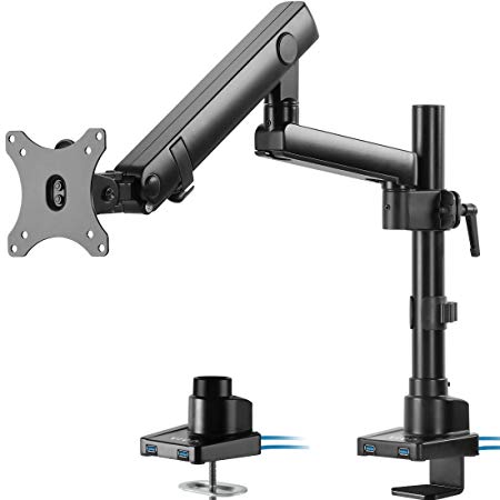 VIVO Premium Aluminum Full Motion Single Monitor Desk Mount Stand with Lift Engine Arm, Pole Extension, and USB Ports | Fits Screens up to 32” (STAND-V101BDU)