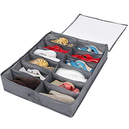 Lifewit 12 Pairs Shoe Organizer Under Bed Closet Storage Solution Organizer Box with Front Zippered Closure,with Clear Window, Grey