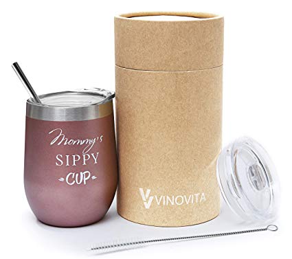Mommy’s Sippy Cup – VINOVITA Stainless-Steel Funny Wine Tumbler – Insulated Stemless Glass with 2 Lids, Straw, Brush – Novelty Adult Sippy Cup – Perfect Mother’s Day, Valentines, Birthday Gift –12oz