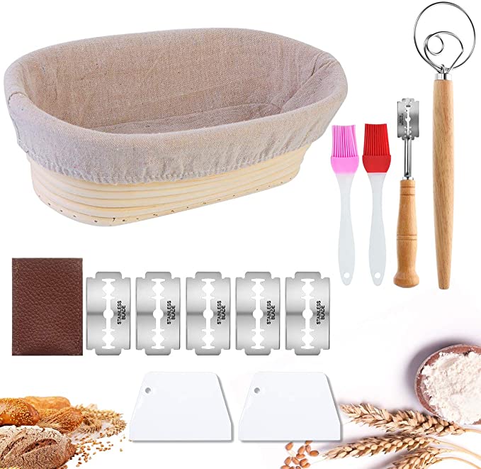 Bread Baking Tool Set for Homemade With 1 Bread Slashing Tool, 5 Replacement Blades and Leather Protective Cover,1 Premium Stainless Steel Dough Whisk, 2 Scraper, 2 Silicone brushes ,10 inch Oval Bread Basket for Bread, Cake, Pizza