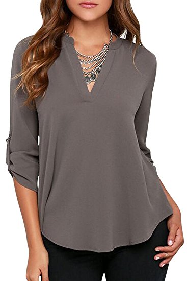 LILBETTER Womens Casual Chiffon Ladies V-Neck Cuffed Sleeve Blouse Tops