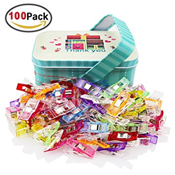 Homder 100 Pack Multicolor Wonder Clips Quilter Clamps with Tin Box for Sewing, Quilting, Crafters, Crochet, Knitting and Holding Paper