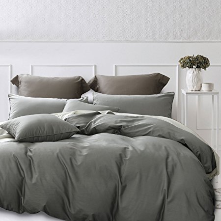 NTBAY 5 Pieces Bedding Set 100% Egyptian Cotton Sateen Hotel Luxury with 1 Duvet Cover, 2 Pillow Cases, 2 Throw Pillow Case Cushion Covers, King, Grey