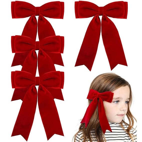 4PCS Velvet Hair Bows for Girls, Red Hair Bow Clips Ponytail long Ribbon Bows Hair Accessories for Women Girls Toddlers Infant (Red)