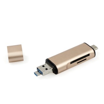 USB Type C Card Reader, Neoteck 3 in 1 Card Reader USB   Type C   Micro USB Combo to Slot TF SD Card Reader with OTG for Macbook, Windows Computer, Google Tablet, Android, Cell Phone-Gold