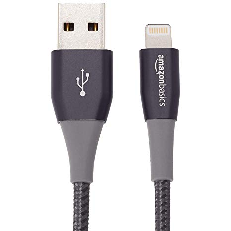 AmazonBasics Double Nylon Braided USB A Cable with Lightning Connector, Premium Collection - 3-Foot, 2-Pack - Dark Grey