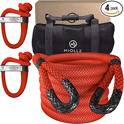 Miolle Heavy Duty Kinetic Recovery Tow Rope 1-1/4" x 30', Red (53000 lbs) with 2 Soft Shackle UAS Spectra Fiber 9/16' x 10" (54000 lbs)