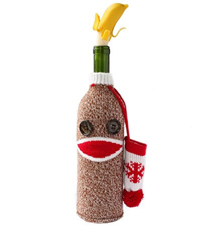 Going Bananas Sock Monkey Wine Bottle Cover Tote, with Accessory Hat Bag and Banana Wine Stopper Gift Set by Guzzle Buddy