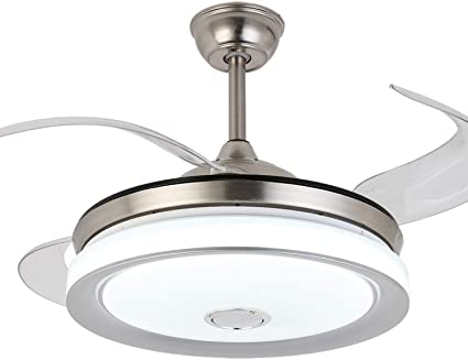Retractable Ceiling Fan with Bluetooth Speaker and Light , LED Bluetooth Ceiling Fan Chandelier Speaker with and Remote Control 7 Color Lighting 42 Inch (Silver)