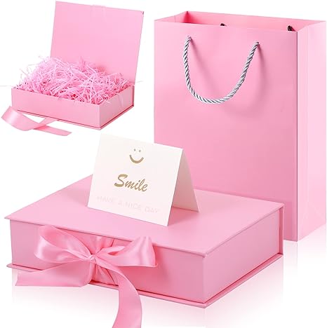 Zonon Luxury Gift Box with Lids Changeable Ribbon, Paper Bags, a Greeting Card and Tissue Paper Luxury Packaging Box Set for Weddings, Graduations, Birthdays, Anniversaries (Pink, 8 x 6 x 2 Inch)