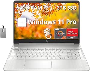 HP 15.6" FHD Touchscreen Business Laptop, AMD Ryzen 7 5700U, 64GB RAM, 2TB SSD, AMD Radeon Graphics, Full-Size Keyboard, HD Webcam, WiFi, Windows 11 Pro, Silver, 32GB Hotface USB Card