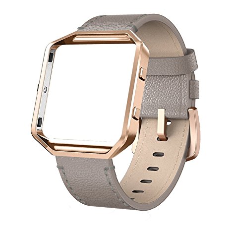 Fitbit Blaze Straps Leather Band - Yutior Genuine Leather Strap with Metal Frame Small Large (5"-8.2"), Replacement Band with Silver / Rose Gold / Black Metal Frame for Fitbit Blaze Women Men, Black, Brown, White, Pink, Blue