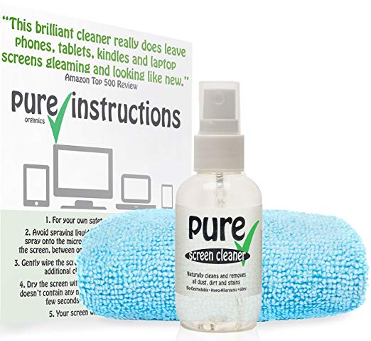 SCREEN CLEANER KIT By Pure Organics (60ml) contains only premium Eco-Friendly, Bio Degradable and Hypo Allergenic ingredients. NO artificial chemicals. NO alcohol. Naturally removes all dust, dirt, marks and stains from LED, LCD, Plasma TV, iPhone, Samsung, Sony, Smartphones, iMac, Laptop, Computers, Touch Screens and CD’s to leave them gleaming clean.