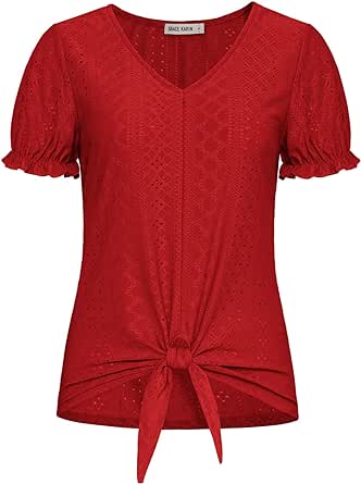 GRACE KARIN Women's 2024 Summer Tops Short Sleeve V Neck Basic T Shirts Dressy Casual Tie Front Tops Eyelet Blouses Tunic