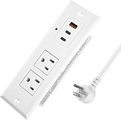 White 10FT Type-C Recessed Power Socket, 20W PD Fast Charging USB-C QC3.0 3A USB-A Power Strip, Plug in 2 Outlets & 1 USB-A Ports &2 USB-C Port,Connect Flat Plug