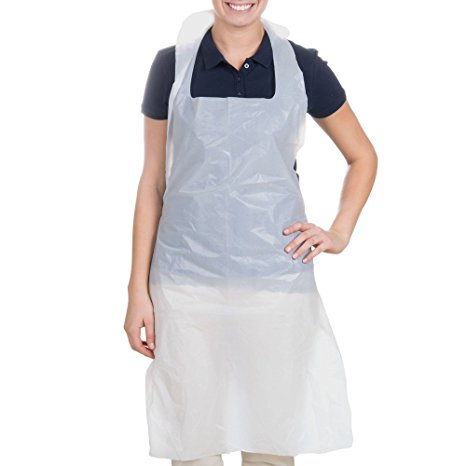 Disposable PLUS White Polyethylene Waterproof Aprons 28 x 46 inches, Stay Clean and Dry All Day While Cooking, Serving, Painting or Dishwashing. 1.0 Mil Thick for Maximum Durability (100 Pack)