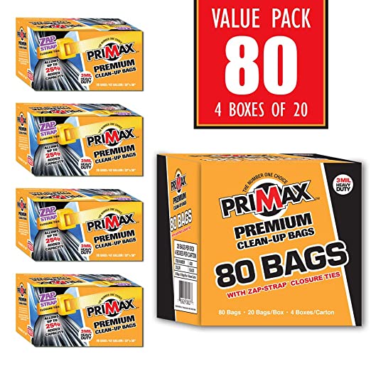 Value Pack 80 Heavy Duty Premium 42 Gallon Clean-Up Contractor Bags with ZAP-Strap Ties for Easy Closure and Maximum Capacity | 32” x 50” 3 Mil | 80 Trash Bags (4 Boxes of 20)