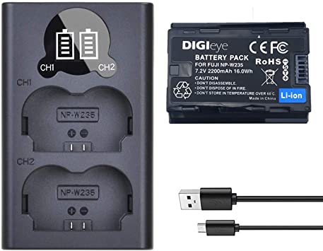 DIGIeye NP-W235 NPW235 NP W235 Rechargeable Battery 7.2V 2200 mAh (1 Pack) and Dual Charger for FUJIFILM X-T4 Fuji Li-Ion XT4 Battery