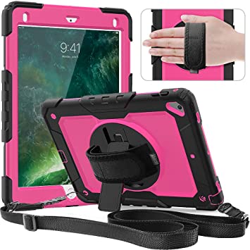 Timecity Case Compatible with iPad Air2/ iPad 6th/5th Generation Case 2018 2017/ iPad Pro 9.7 Case. with Screen Protector Pencil Holder Rotating Stand/Strap Full-Body Hybrid Armor Protective Case Rose