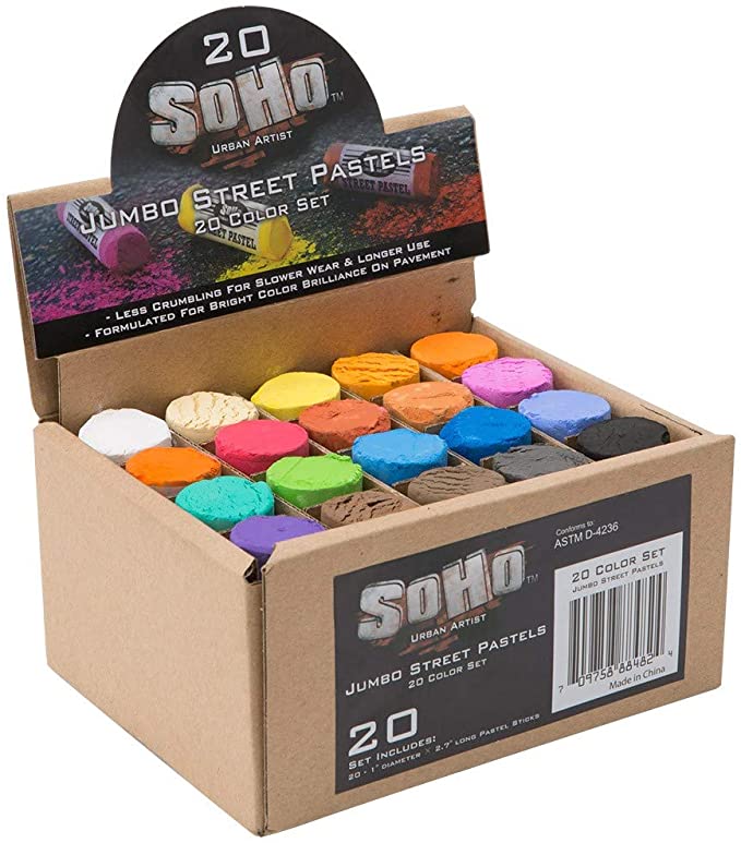 Soho Urban Artist Jumbo Kids Sidewalk Chalk, Street Pastel Set - for Pavement, Sidewalks, Concrete, or Brick with Rich Pigments, Bright, Smooth and Durable - 20 Unique Assorted Colors