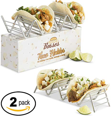 Stainless Steel Taco Holder Set: Holds Tortilla Up for Easy & No Mess Party Taco Plates - Taco Stand Shell Holder to Serve Street Tacos Rack & Heat Tortillas - Metal Taco Shell Mold & Serving Trays