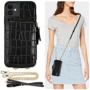 iPhone 11 Wallet Case, ZVE iPhone 11 Case with Card Holder Slot Crossbody Chain Handbag Purse Wrist Strap Zipper Crocodile Skin Leather Case Protective Cover for Apple iPhone 11 6.1 inch - Black