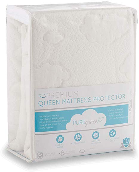 PUREgrace Queen Mattress Protector (60" x 80") Made with All Natural Hypoallergenic Tencel, Soft and Breathable Waterproof Mattress Pad and Fitted Cover in one