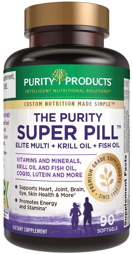 Purity Super Pill - Purity Products - Elite Multi   Krill Oil   Fish Oil - Vitamins   Minerals, CoQ10, Lutein - 6 Advanced Formulas in 1 Supports Healthy Brain, Joints, Heart   More - 90 Mini Softgels