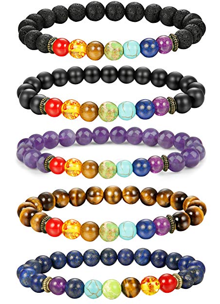 LOLIAS 4-12 Pack Bead Gemstone Bracelet for Men Women Natural Stone Diffuser Bracelet Stretch Yoga Bracelets