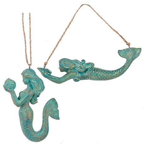 Teal Blue Mermaids Christmas Holiday Ornaments Set of 2 Resin