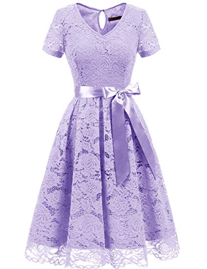 Dresstells Women's Elegant Bridesmaid Dress Floral Lace Dresses with Short Sleeves