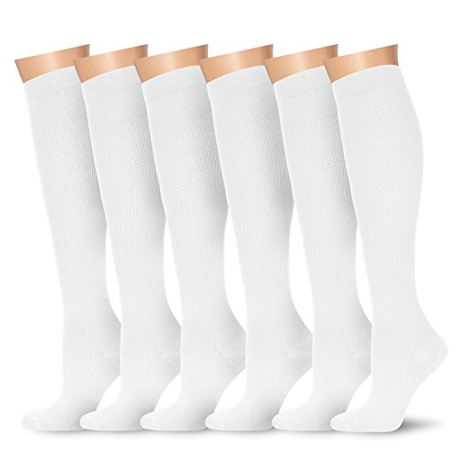 6 Pairs Knee High Graduated Compression Socks For Women and Men - Best Medical, Nursing, Travel & Flight Socks - Running & Fitness - 15-20mmHg