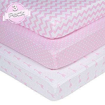 Crib Sheets Set for GIRLS | Super Soft 100% Jersey Knit Cotton | Pink and White | 150 GSM | 3 Pack