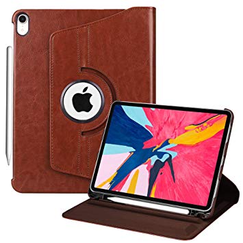 Fintie Rotating Case with Built-in Apple Pencil Holder for iPad Pro 11” 2018 [Support Apple Pencil 2nd Gen Charging Mode] - 360 Degree Rotating Stand Protective Cover with Auto Sleep/Wake, Brown