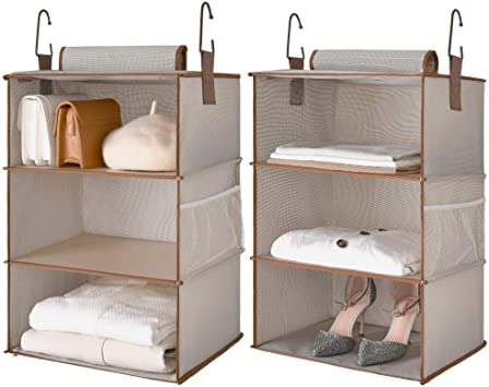 StorageWorks 6-Shelf Jumbo Hanging Closet Organizers, Two 3-Shelf Separable Closet Hanging Shelves, Canvas, Light Brown, 15" W x 13" D x 42.5" H